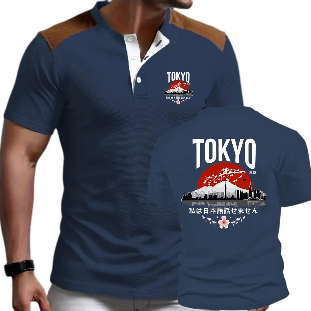 Summer Tokyo Japan Artwork Design Men's Henley Shirts Short Sleeved T-Shirt Breathable Waffle Jersey Outdoor Athletic Tshir
