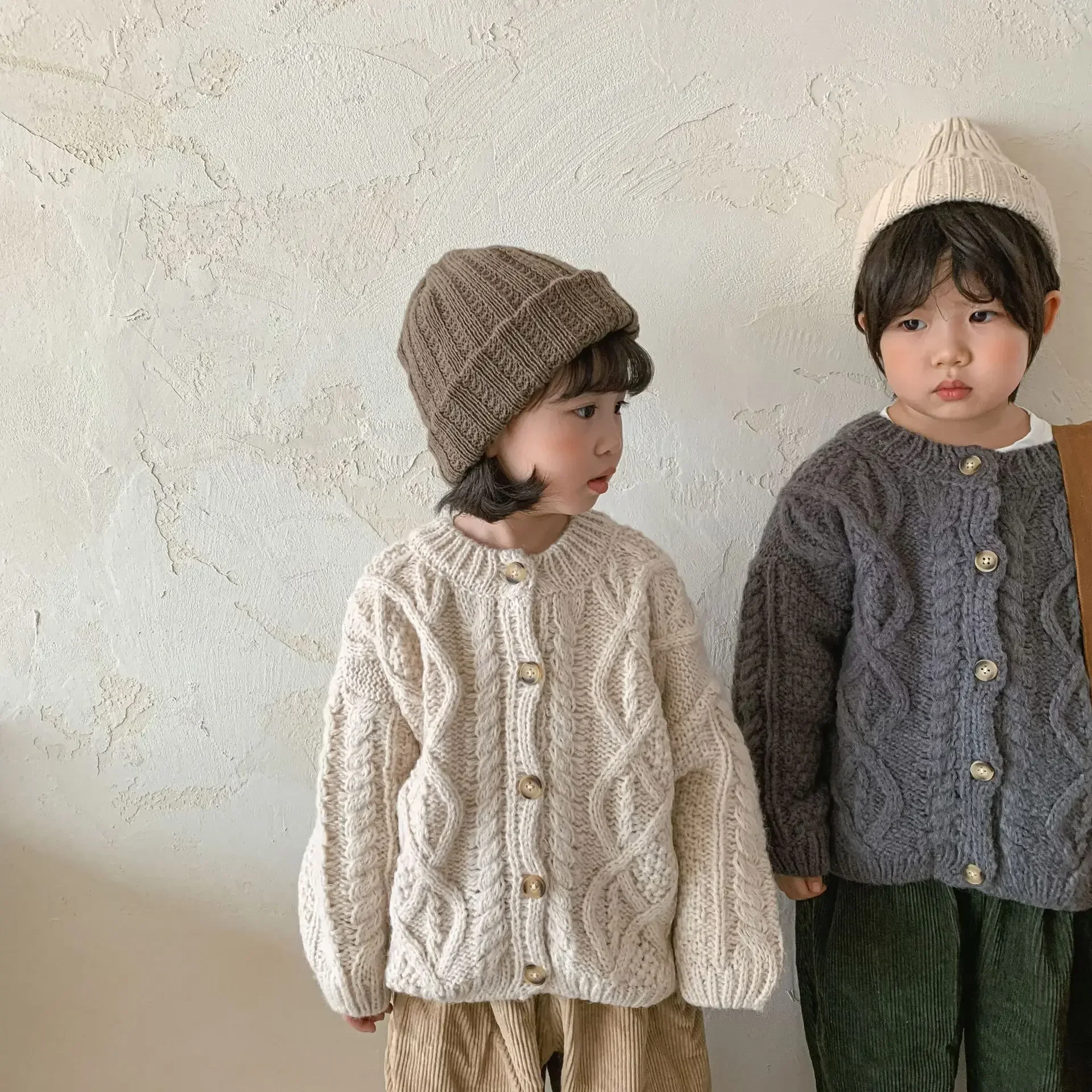 Korean Children Sweaters Cardigan Autumn And Winter 2021 Baby Coarse Wool Hemp Retro Cardigan Coat Boys Girls Sweaters