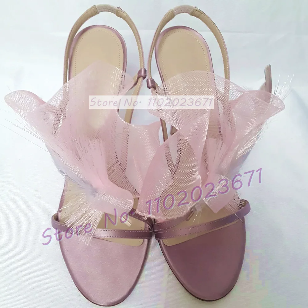 Lilac Satin Netting Feather Stiletto Sandals Female Stylish Elegant Party Wedding Satin Shoes Thin High Heels Open Toe Sandals