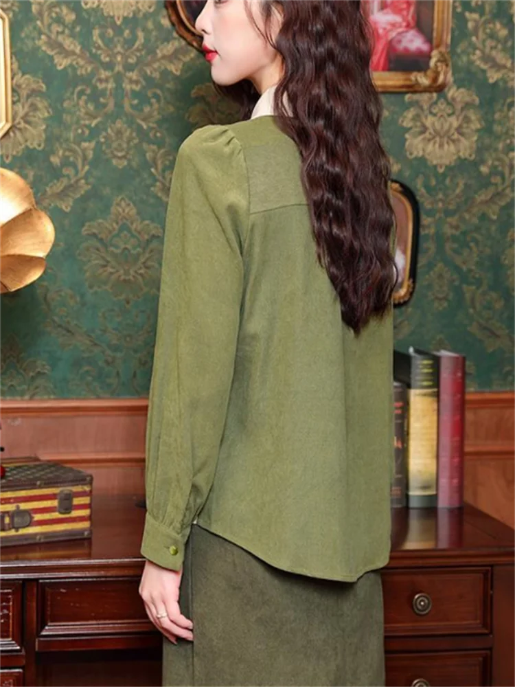 Retro เสื้อผู้หญิงเสื้อจีน Vintage Dial Buckle เสื้อจุดคอเสื้อสเวตเตอร์ถักเสื้อผ้าผู้หญิงเสื้อ Splice Blous