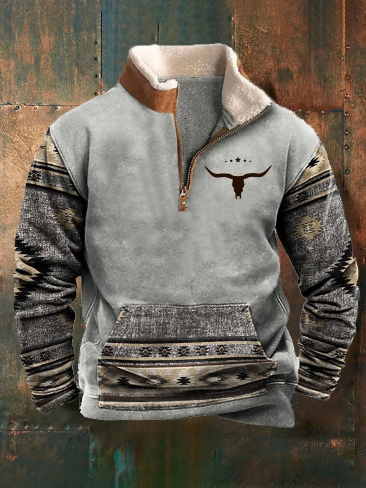 Abrigo estampado para hombre, moderno con cuello largo y media cremallera, chaqueta informal, adecuado para otoño e invierno.