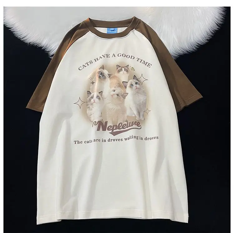 2023 Vintage Brown Raglan Sleeve Oversized T Shirts Cute Cats Printed Cotton Material Summer Tops Y2K Harajuku Korean Streetwear