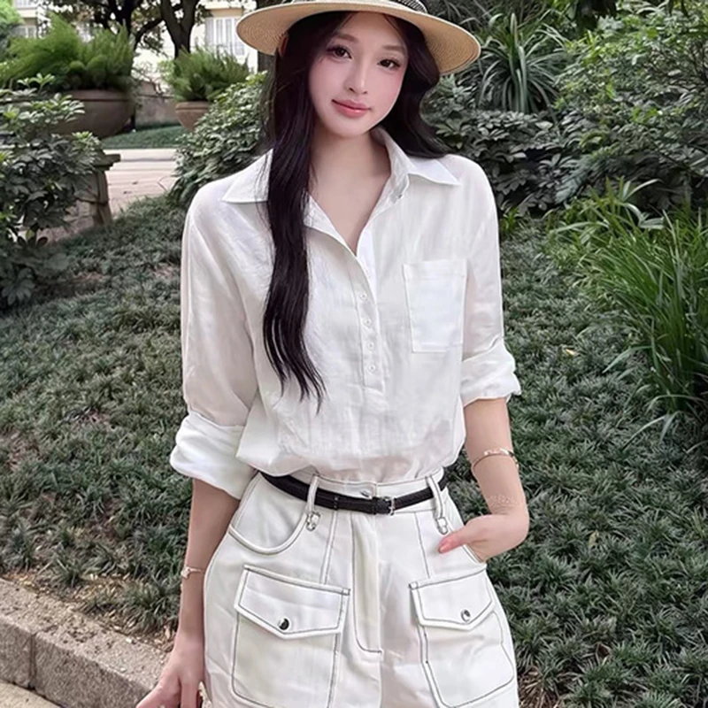Korean Fashion Long Sleeve V Neck Shirts for Women Loose Turn Down Collar Linen Blouse Woman Solid Color OL Office Blouse Ladies