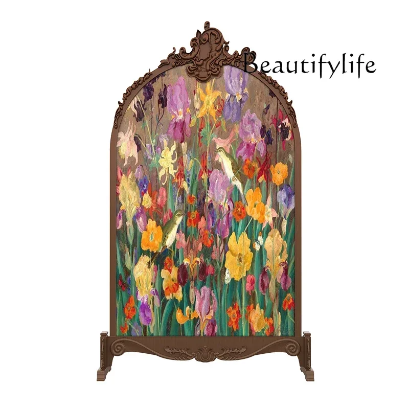 

French oil painting flower screen partition living room bedroom block entrance household solid wood carving flower seat screen