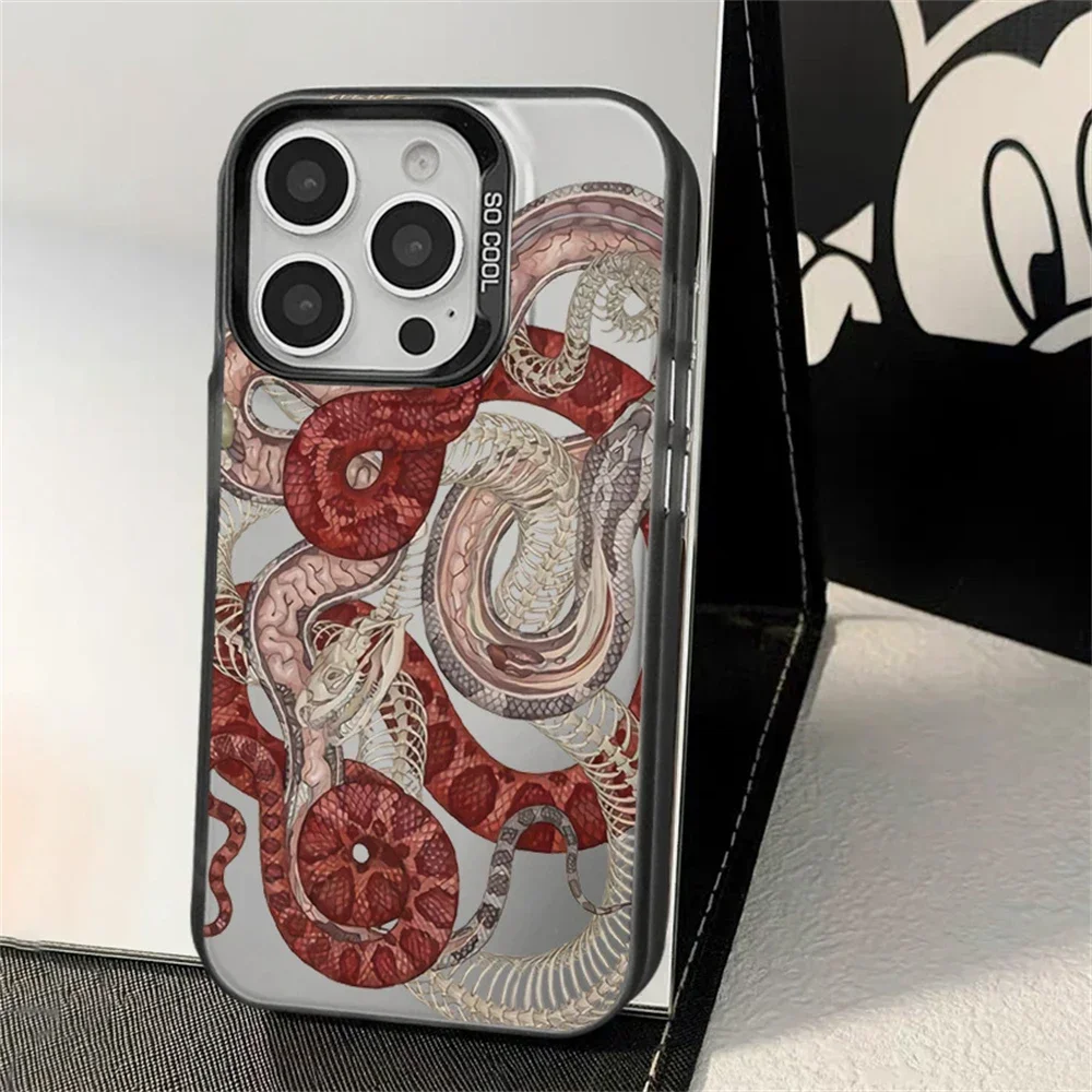 Fashion Red Snake Python Skeleton Phone Case for iPhone 16 11 12 13 14 15 Pro Max Xs XR 8 Plus Dual Layer Hard IMD Plastic Cover