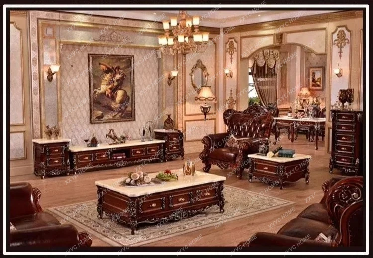 A  natural marble square table, solid wood reddish-brown carved natural marble small coffee table