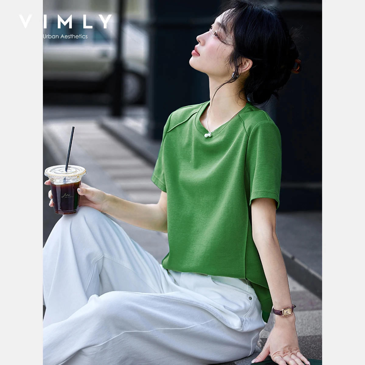 VIMLY Women's Short Sleeve T-shirt Cotton Blend Basic Tee Shirt 2025 Split-Seam Loose Casual Summer Top for Woman Clothing A1889