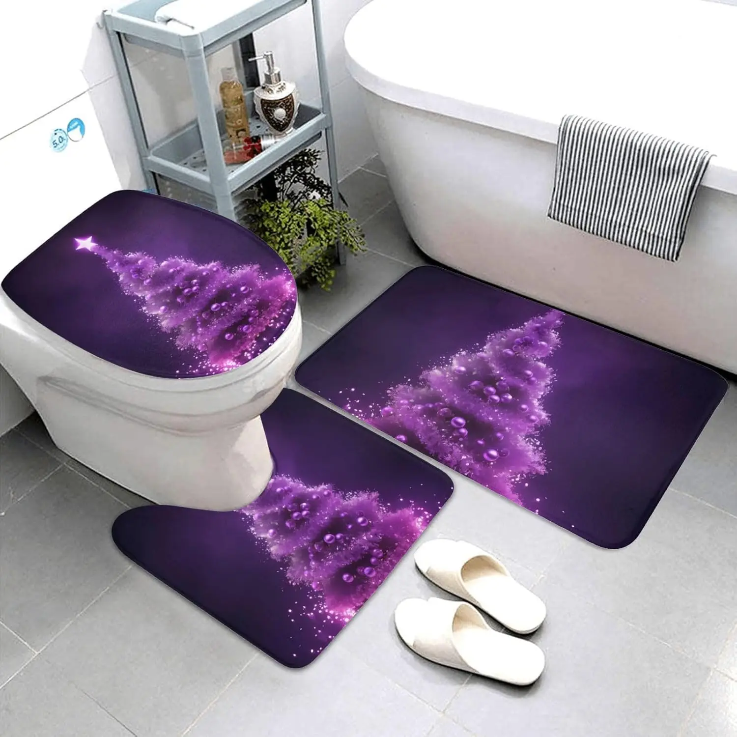 

3pcs Christmas Purple Tree Bathroom Set - Non-Slip, Water-Absorbent Flannel Bath Mat with U-Shaped Toilet Mat & Lid Cover, Soft