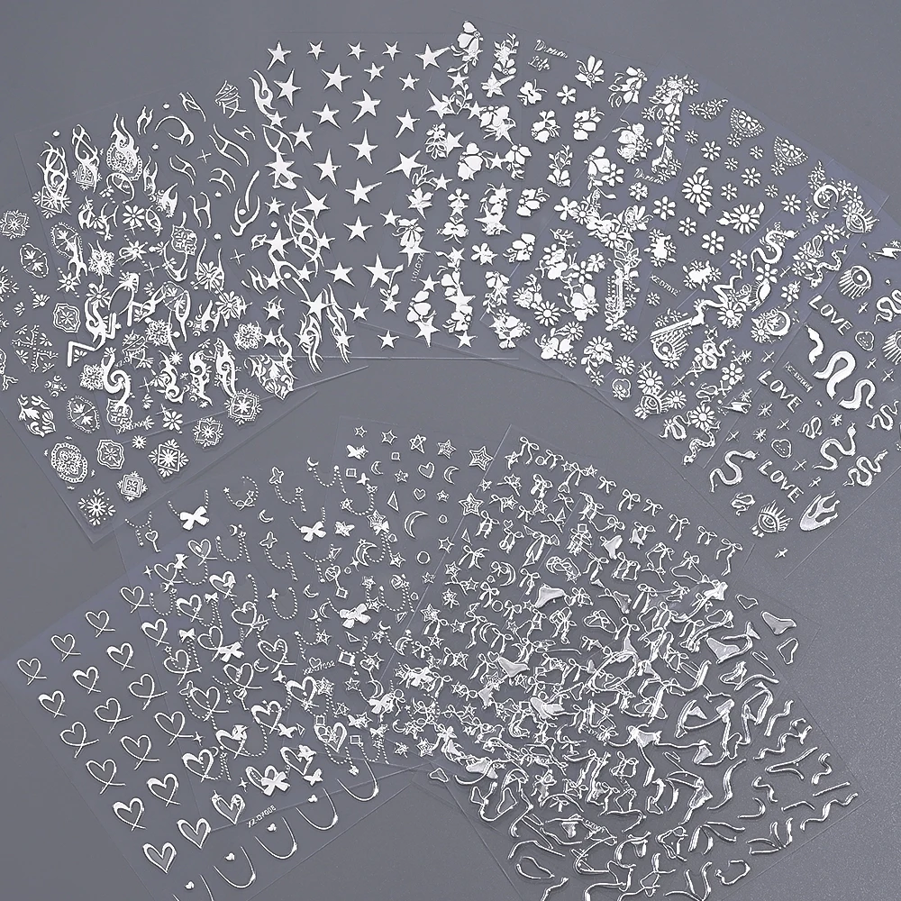 1pcs 3D 금속 실버 불규칙한 하트 네일 아트 스티커 프랑스어 우아한 라인 꽃 네일 데칼 자기 접착 매니큐어 액세서리