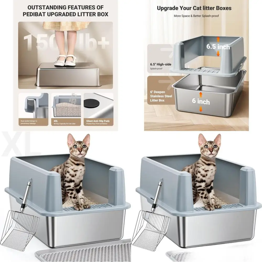 

Большой закрытый металлический лоток для кошек с высокими бортиками для крупных кошек, легко моющийся коврик и совок, антипригарное покрытие, защита от протекания