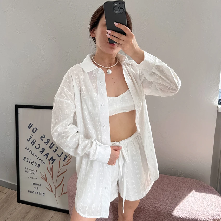 HiLoc White Casual Ladies' Pajamas Three-Piece Long Sleeve Lapel Single-Breasted Top Sleeveless Suspender Vest Drawstring Shorts