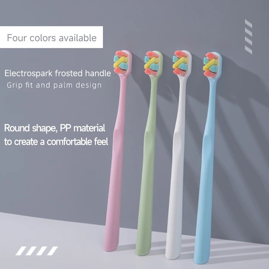 Four-color adult toothbrush, individually packaged, soft and dense bristles to reduce gums