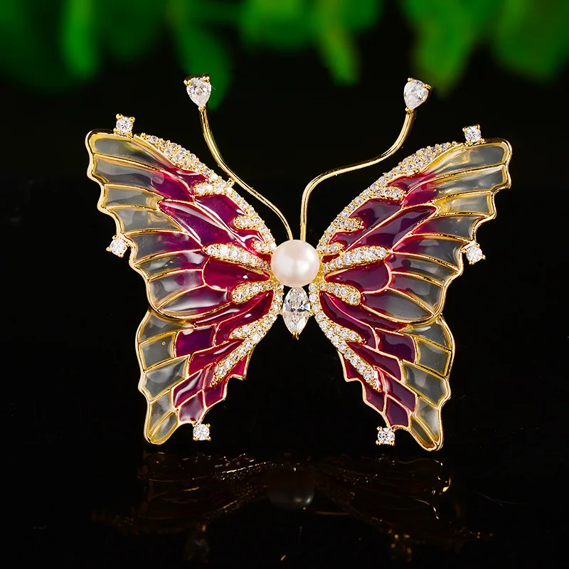 

Vintage Enamel Zirconia Butterfly Brooch Pin Women's High-end Temperament Pearl Insect Brooches Accessories Suit Pin Decoration
