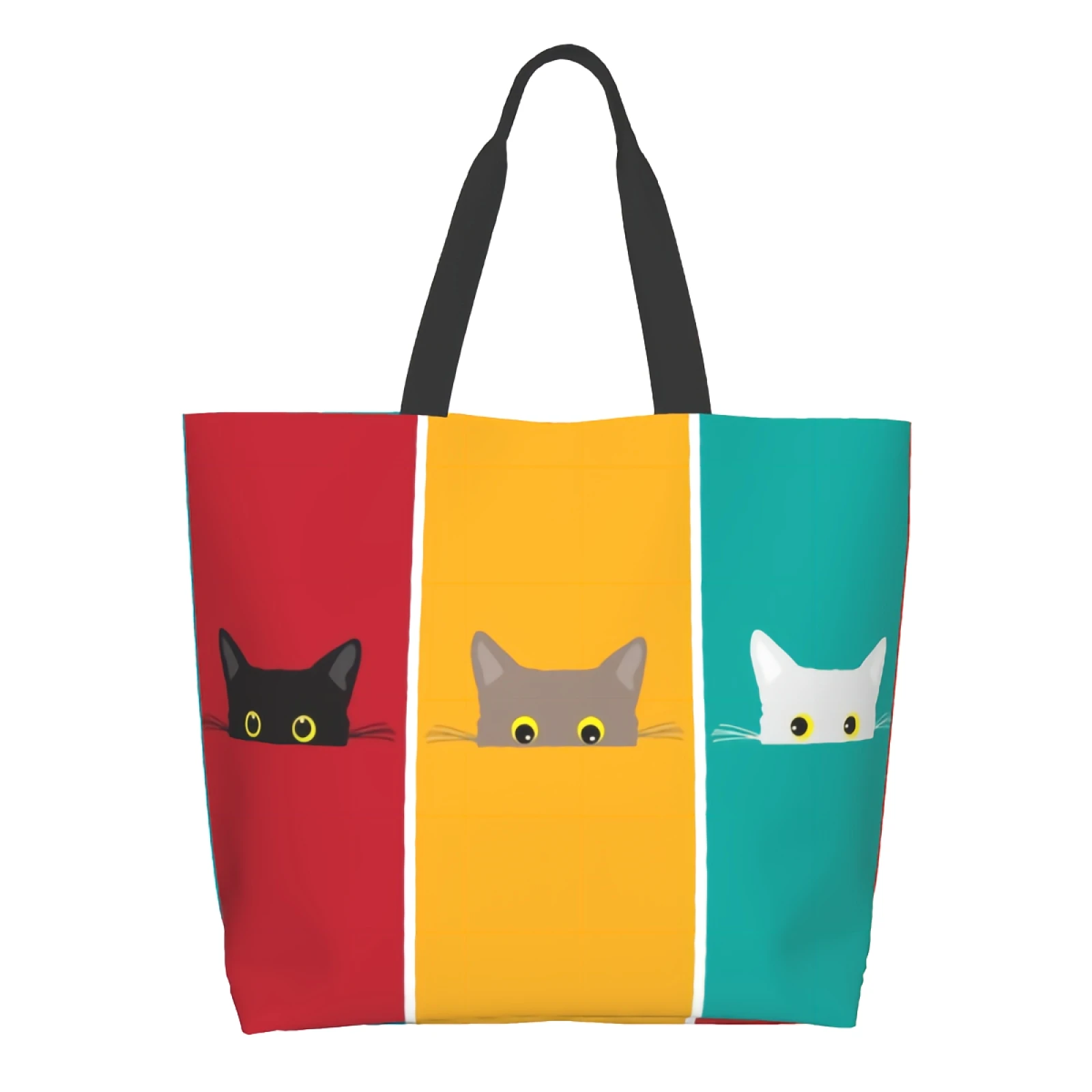 Hiding Cats Balck Brown White Kitten Cute Pussy Red Yellow Green Backdrop Canvas Tote Bag for Women Weekend Kitchen Grocery Bag