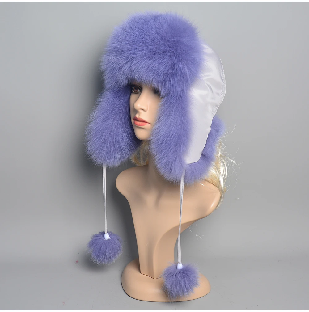 Winter Warm Ladies 100% Real Raccoon Fur Hat Russian Real Fox Fur Bomber Hats With Ear Flaps For Women Genuine Real Fox Fur Caps