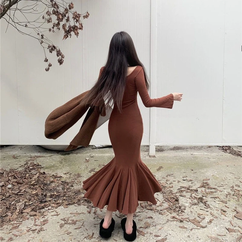 부드러운 여성용 긴팔 드레스 코튼 A라인 세일 고품질 럭셔리 섹시 K팝 비치 Y2K 피쉬테일 드레스
