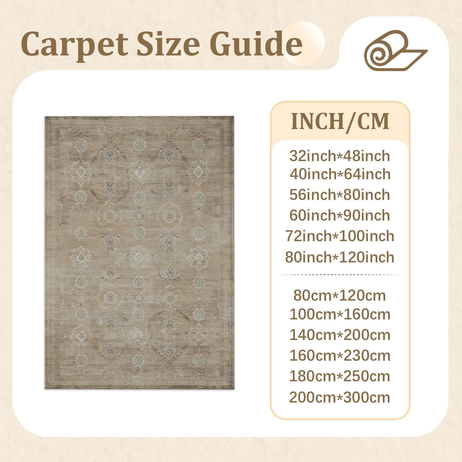 Large Indoor Area Rug, Soft Velvet Low Pile with Non-slip Dotted Backing, Machine Washable Vintage Distressed Neutral Ornate Floral Design, Great for Living Room, Bedroom, Entryway