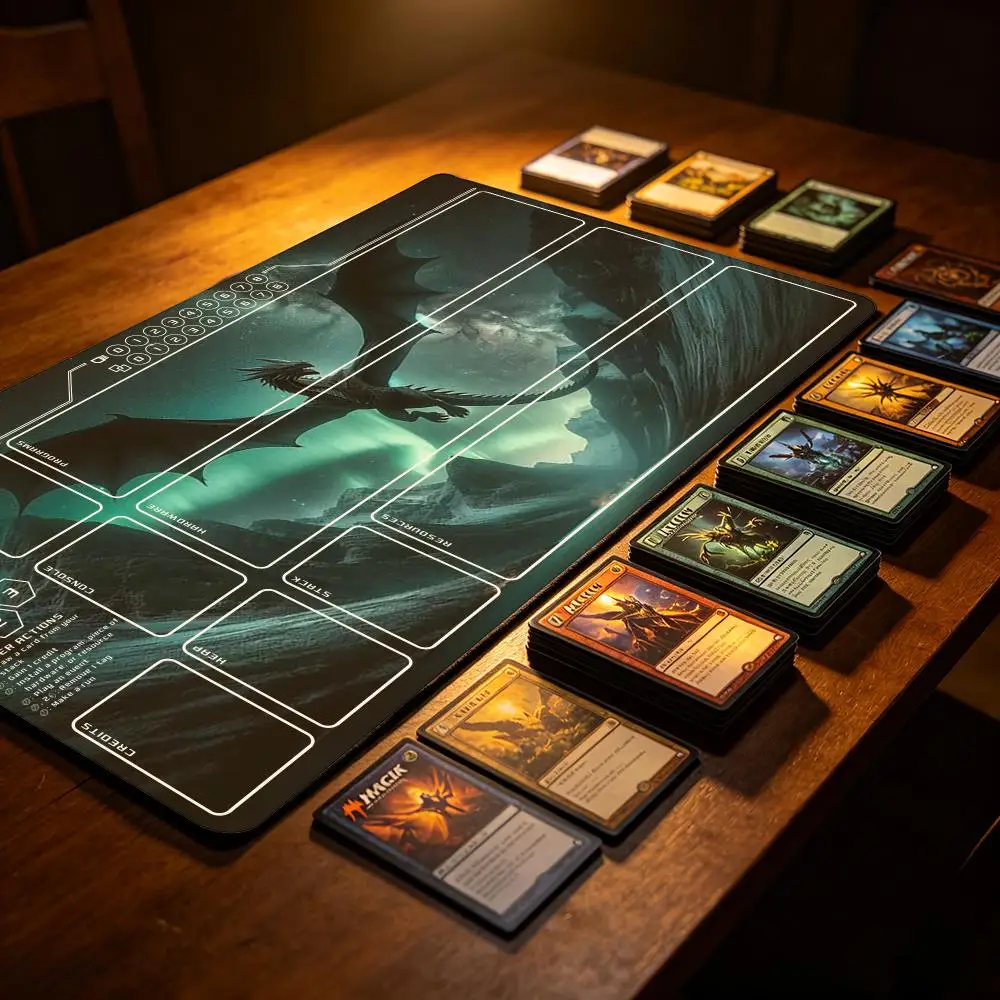 Aurora Black Dragon TCG Playmat With Printed Zones, Northern Lights Mountain Fantasy Trading Card Game Mat Non-Slip Rubber