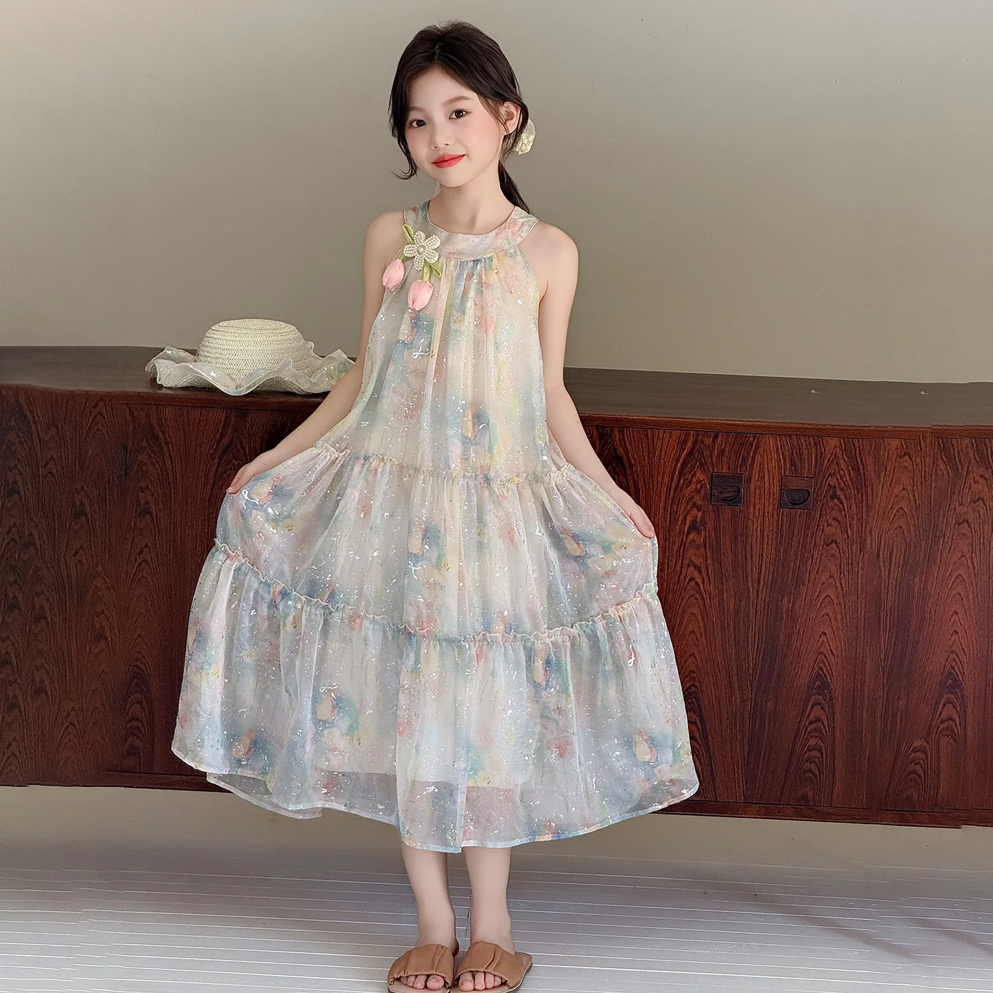 Girls' Dress Sleeveless Vest Skirt Summer Cotton Skirt Medium and Large Children's Contrasting Color Foreign Style Summer Dress