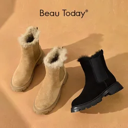 BeauToday Snow Chelsea Boots kobiety zamszowe 2022 Hot latform futerkowe buty okrągłe Toe damskie ciepłe zimowe buty Handmade C08206