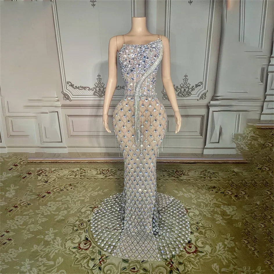 Luxury Rhinestones Sexy Strapless See Through Sheath Dress Evening Party Performance Costume Nightclub Singer Dancer Stage Wear