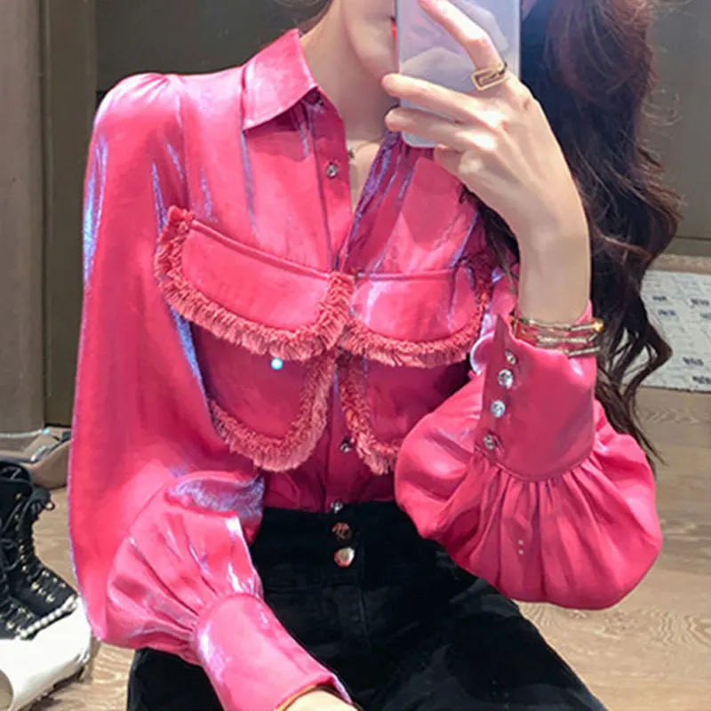 Fashion Tassel Spliced Blouse Commute Solid Color Elegant Lapel Bright Silk Spring Autumn Women's Clothing Single-breasted Shirt