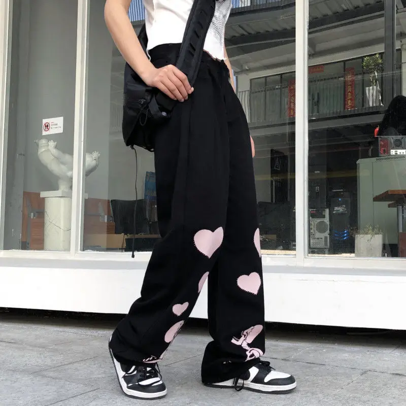 Hip Hop Fashion Women Skulls Print Straight Pants Spring Autumn High Waist Streetwear Casual Loose Oversized Wide Leg Trousers