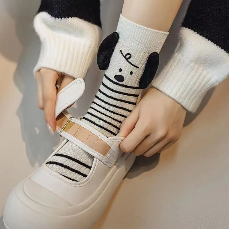 Socks Women Spring Autumn New Cartoon Striped Puppy Mid-tube High Appearance Level Non-slip Department Preppy Stockings