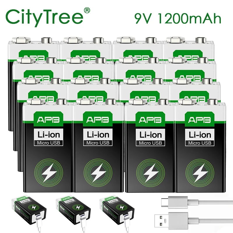 USB 9V Battery Rechargeable 1200mAh Type-C Lithium 9V 6F22 Li-ion Batteries for Microphone Metal Detector RC Helicopter