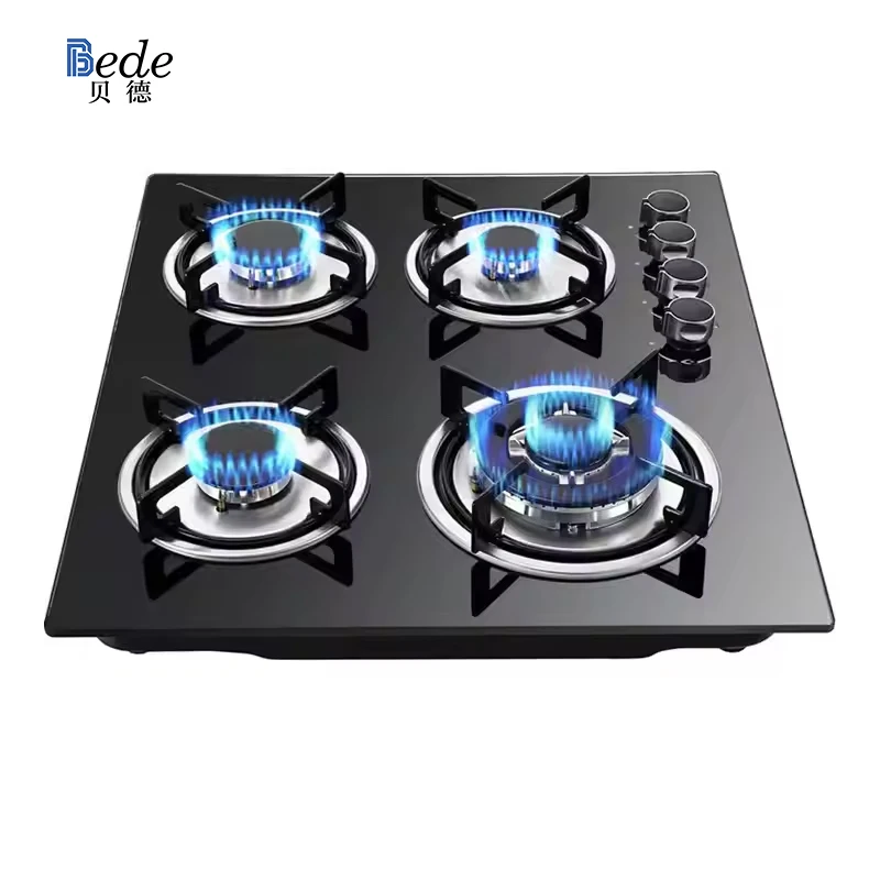 Black Glass Surface 4-Burner Gas Cooktop Built-In Tempered Stove For Household RV Car Outdoor Use Battery/Electric Four-Cooker