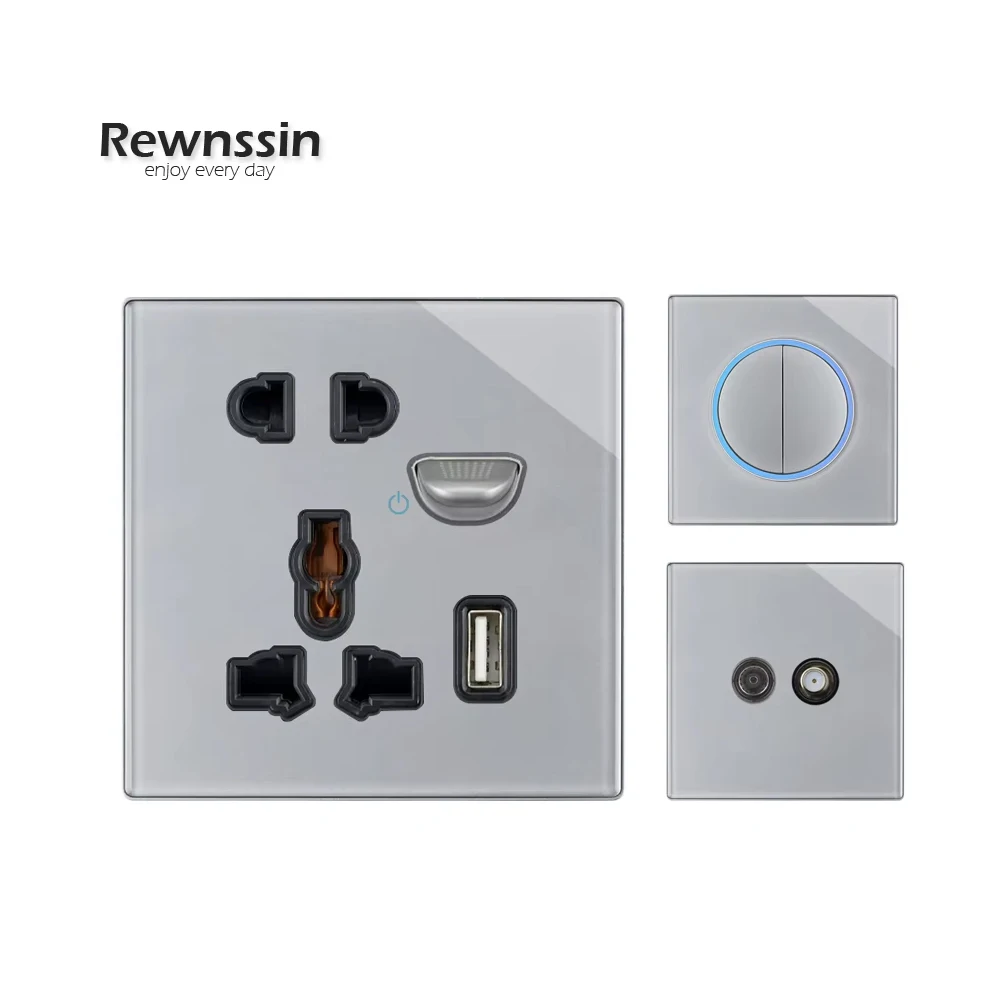 Wall Plug 5 Pin Electrical Sockets,With USB Tempered Glass LED ON/OFF,Push Key Reset Light Switch,SA SANS Outlets,Network Socket