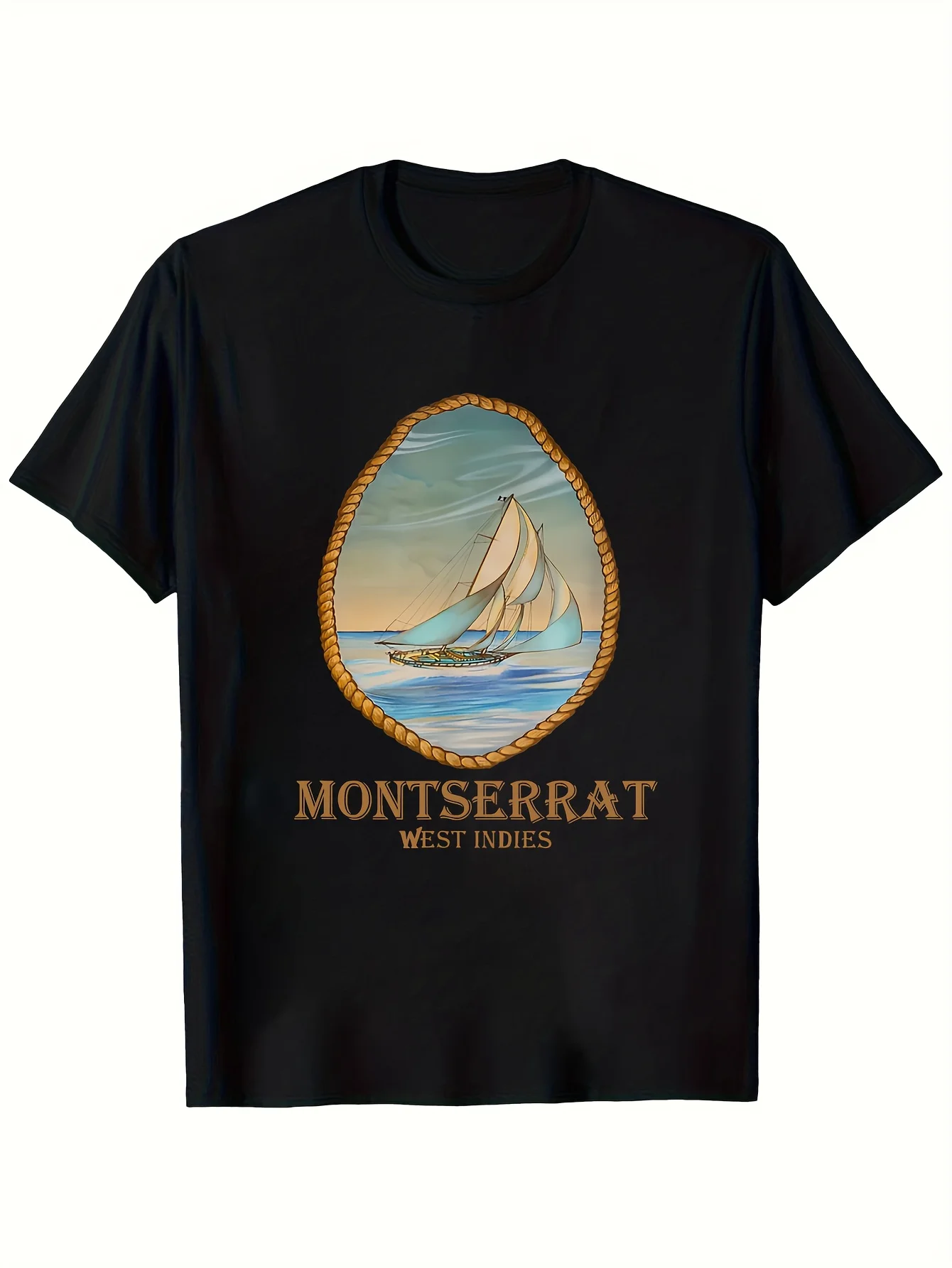 1pc Camiseta vintage con estampado de barco de vela de Montserrat, las Indias Occidentales, para hombre, con estampado náutico caribeño, cuello redondo, manga corta, informal, C