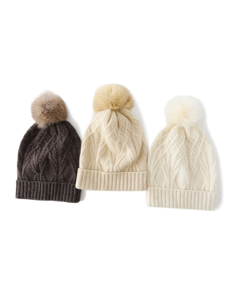 

Autumn Winter Women Cashmere Hat Flanging Beanies Pompom Cap 100% Cashmere Knit Warm Fashion Twist Flower Detachable Ball Hat