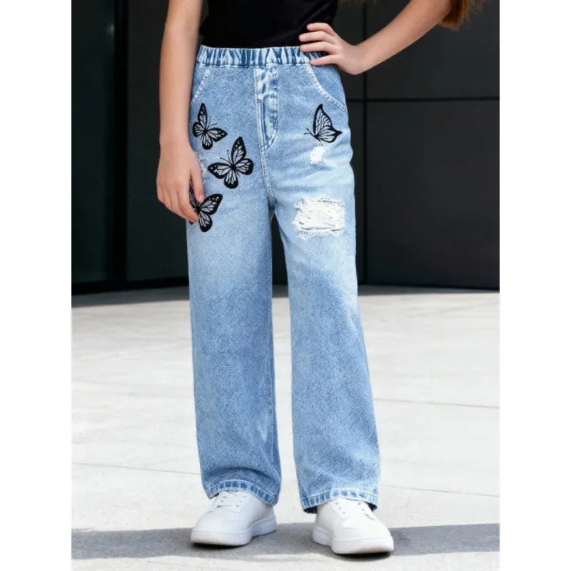 

2025 New Girls Butterfly Imitation Ripped Imitation Denim Trousers, Spring and Autumn High-waisted Straight Tube Imitation Jeans