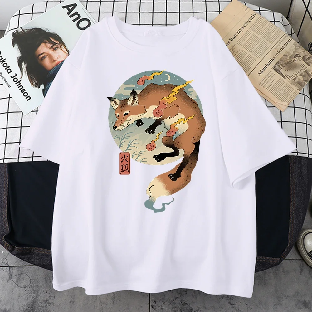 Fire Cartoon Fox Japanese Printed Men Short Sleeve Harajuku Casual Cotton Tee Clothing Oversize All-math Mans Cotton T-Shirts