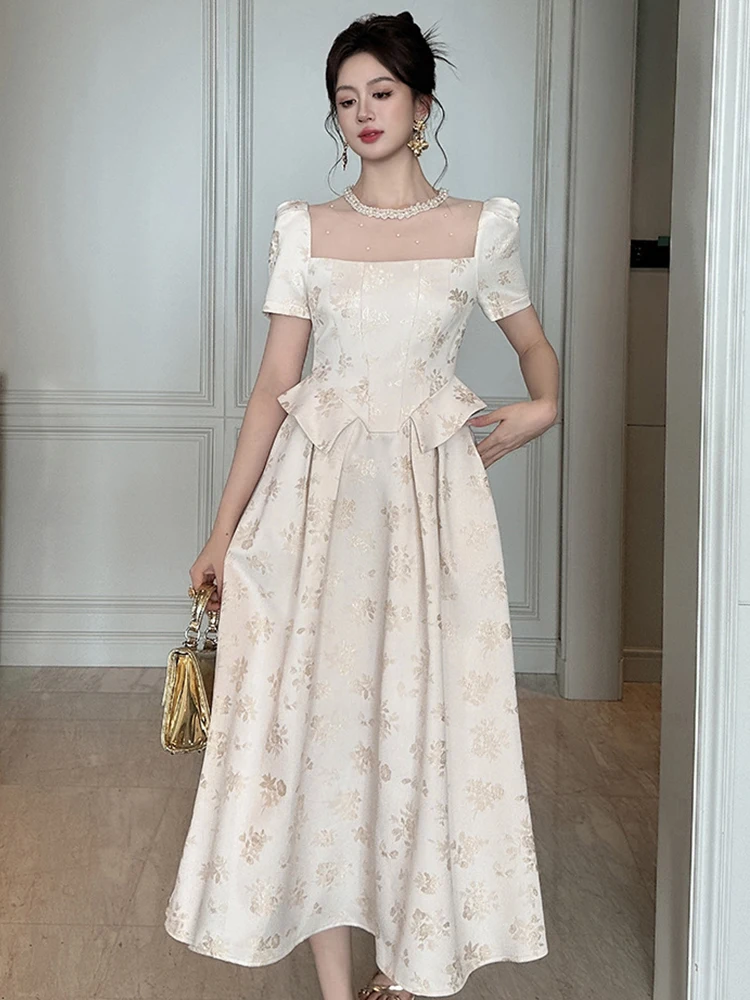 Women's French Luxury Noble Long Dress for Woman Sweet Sheer Mesh Splice Pearl Swing Robe Pockets Prom Party Vestidos Banquet