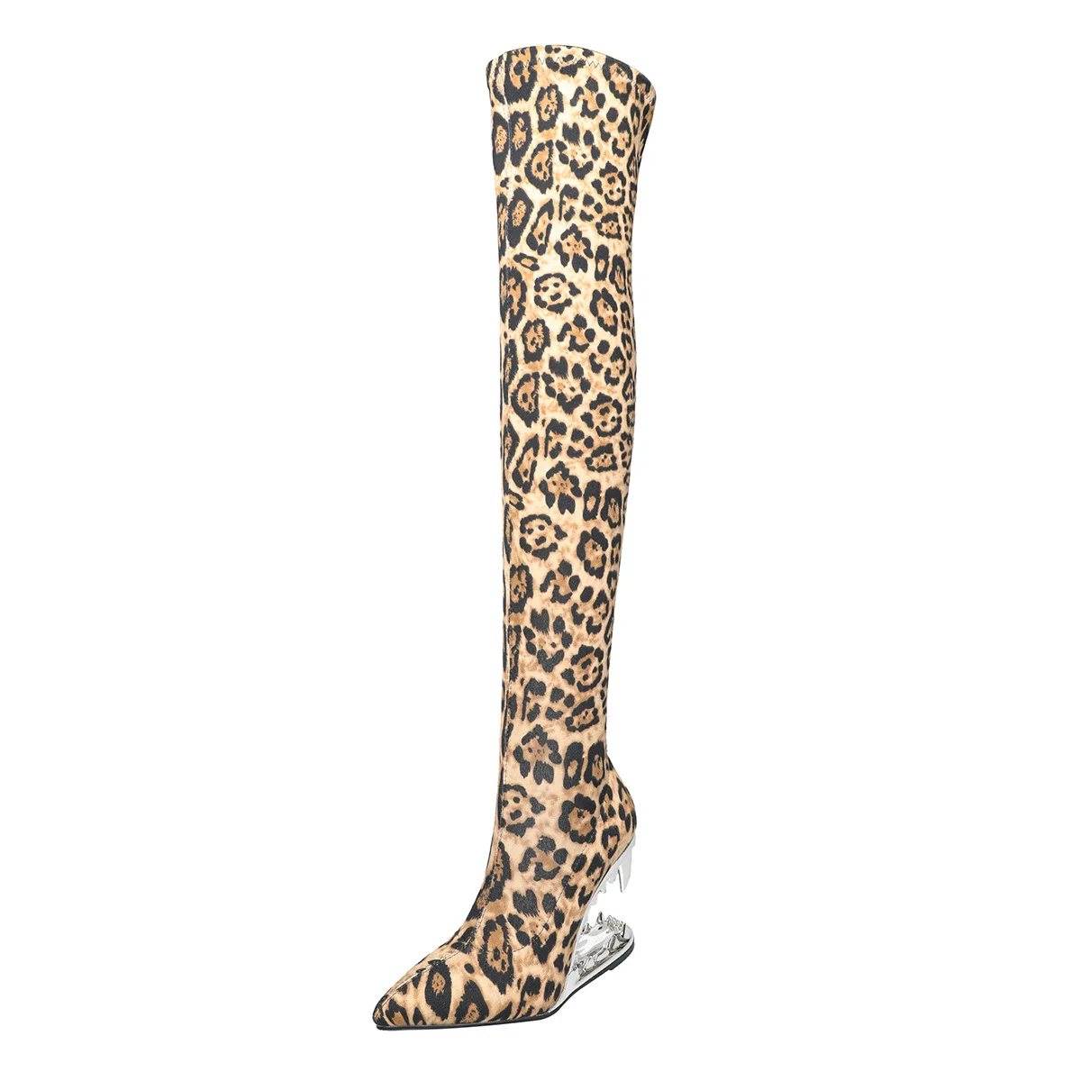 Foreign Trade New Pointed Leopard Print Knee Length Boots Tiger Teeth Shaped High Heel Side Zipper Fashion Women's Shoes