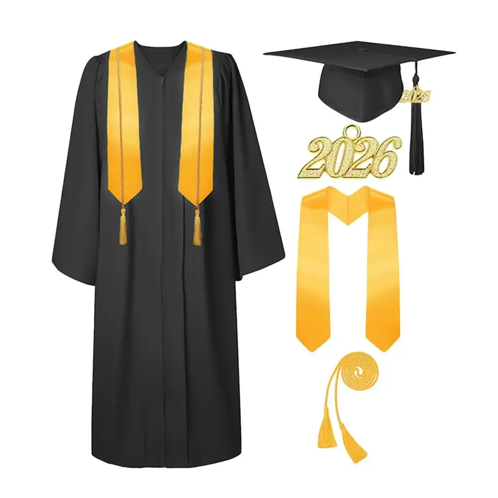 Set di 4 Pezzi per Cerimonia di Laurea: Toga con Scollo a V, Nappa, Sciarpa e Cappello con Chiusura a Cerniera