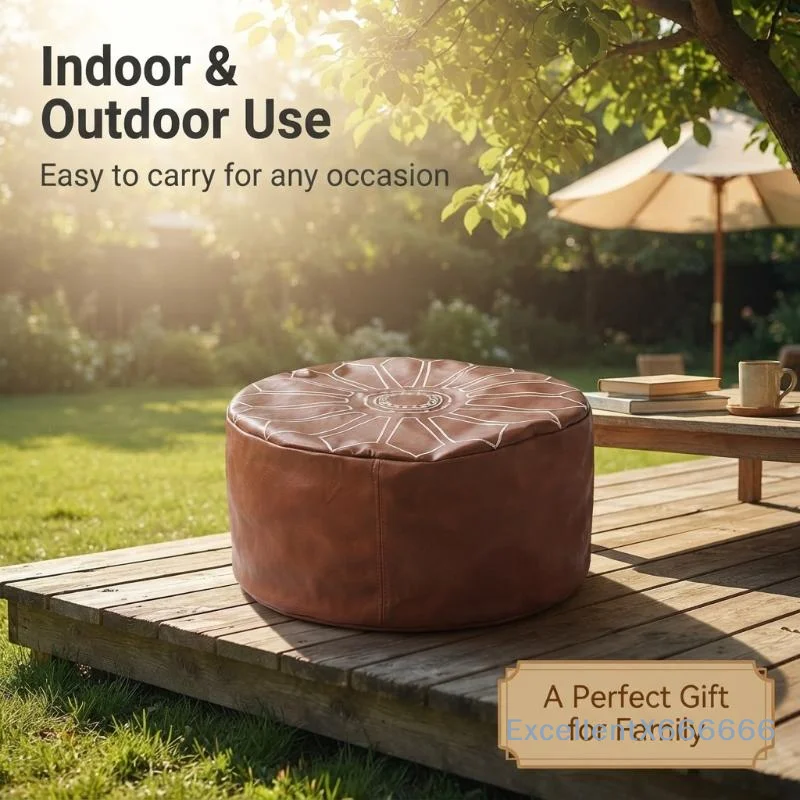 Fillable Embroidered Pattern Foldable Storage Pouf Ottoman PU Leather Footstool with Hidden Storage for Living Room Bedroom
