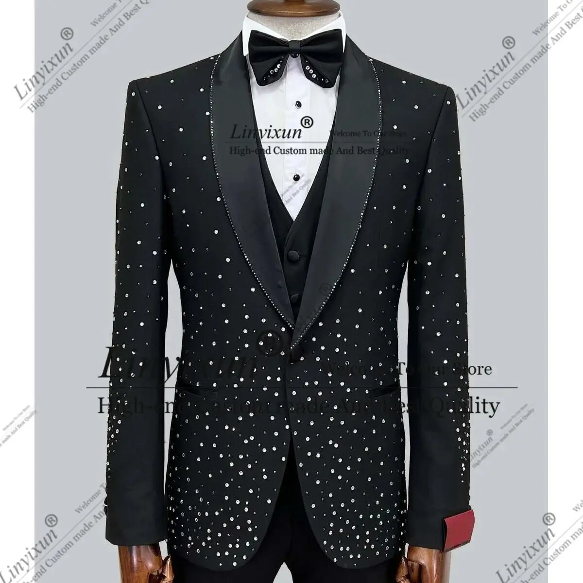 Shiny Gem Stones Tuxedos Men Suits 3 Pieces Sets Groom Prom Blazers Sparkly Beaded Crystals Slim Fit traje de hombre elegante