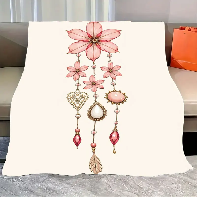

1pc Flannel Blanket Elegant Floral Heart Gemstone Print Throw Blanket for Cozy Home Decor