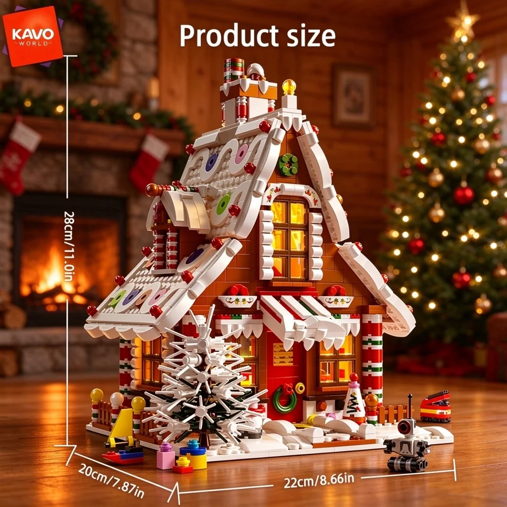 KAVOWORLD 1614PCS Christmas Gingerbread House Building Blocks Set DIY Winter Village Construction Toy with LED Light Bricks Model Kit Holiday Home Decor Collectible Tabletop Display Family Activity Xmas Gift for Adults Teens New Year Couples Birthday Fun