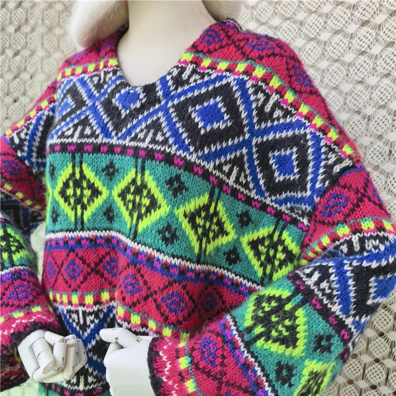 Women Thick Chunky Knit Fair Isle Sweater Multicolor Geometric Pattern V-Neck Outwear Loose Pullover Long Sleeve Winter Jumper