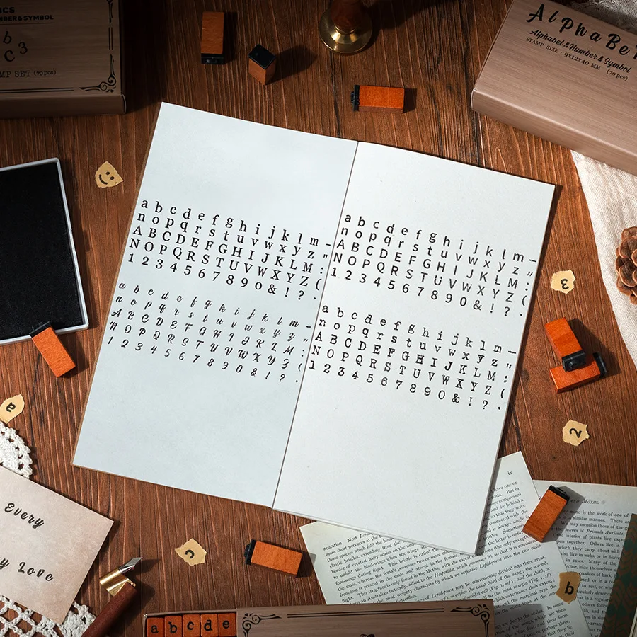 70 Pcs Symbols Retro Letters English Digital Hand Notes Seal Typewriter Series Decorative Printing Materials Wood Stamp Set