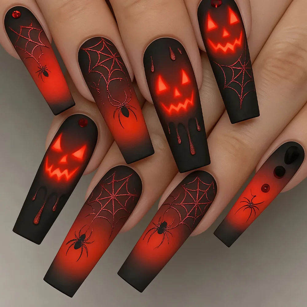 24pcs Long Coffin False Nails Halloween Spider Web Pumpkin Pattern Press on Nails European Halloween Dark Red Fake nail Tips