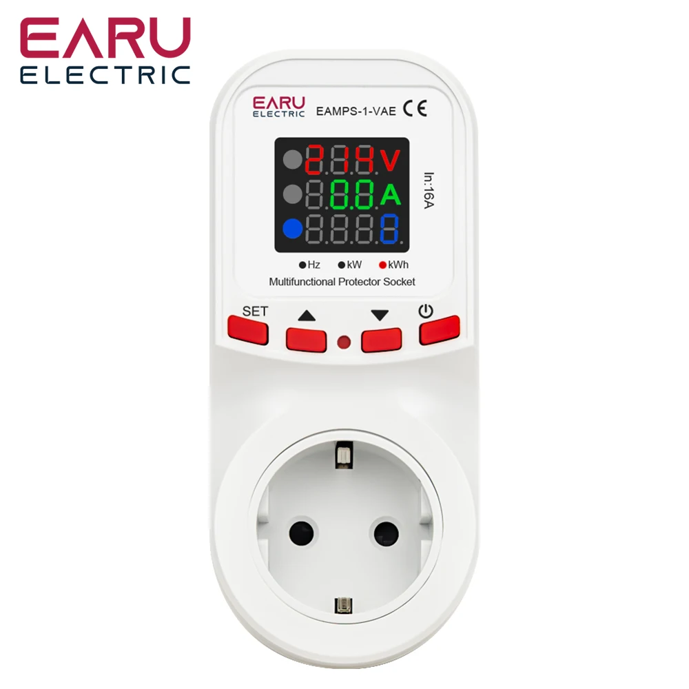 EARU Adjustable Voltage Current Limiter Protector EU Socket Plug 16A AC 230V Power Energy Monitor kWh Meter Refrigerator Protect