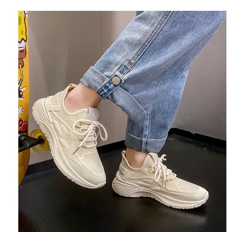Atmungsaktive Damen-Mesh-Sneaker mit Wellensohle, dicker Plateau-Sohle, höhenverstellbar, leicht, zum Schnüren, für den Alltag, zum Gehen, Sport, Freizeit. – Detail 30