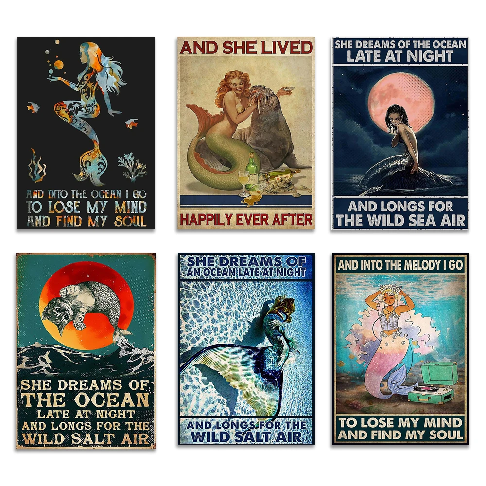 dream ocean longing for wild ocean air mermaid into melody i go lose my heart and find my soul retro mermaid ocean poster