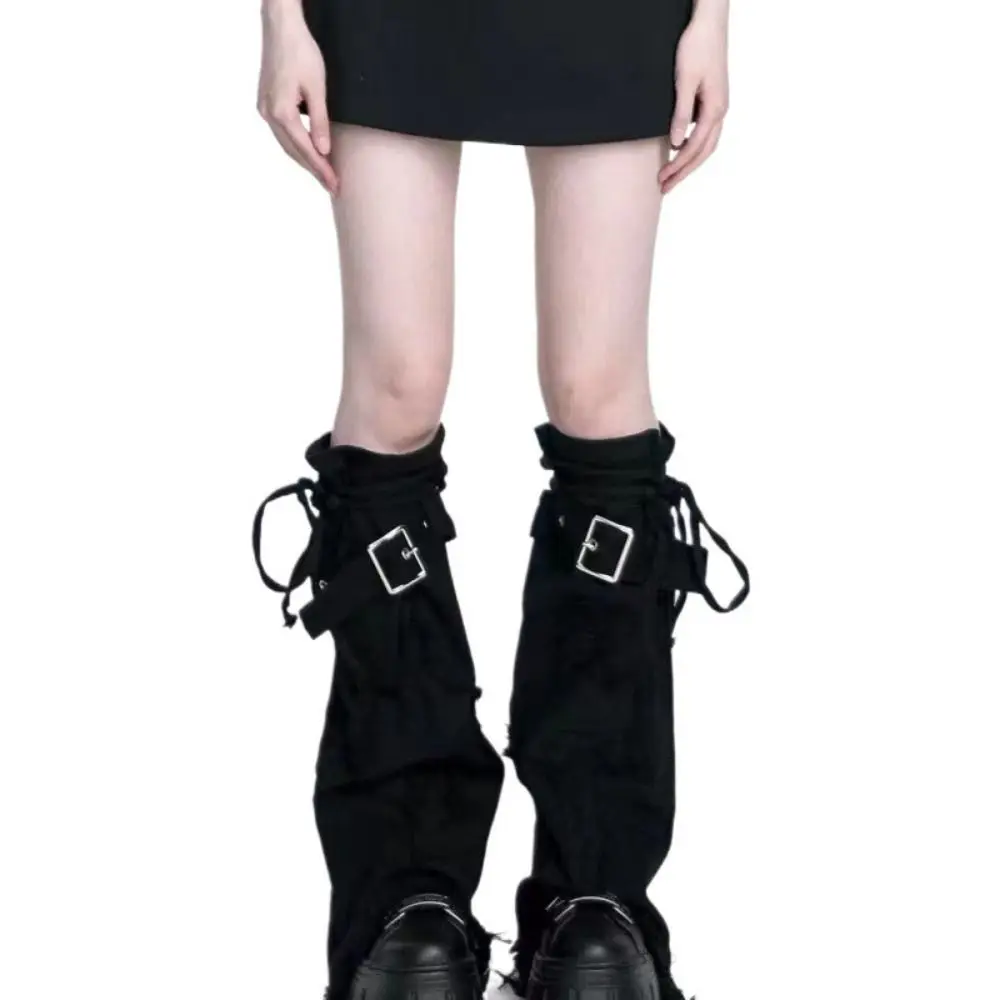 Fashion Y2k Leg Warmer Punk Harajuku Black Denim Leg Covers Vintage Drawstring Strap Boot Socks
