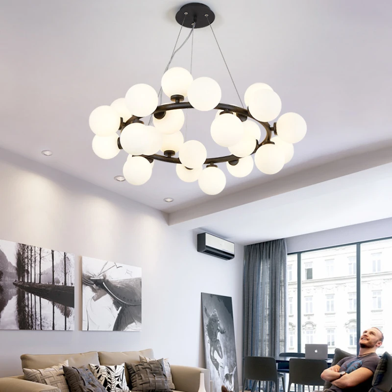 SANDYHA Nordic Pendant Lights Glass Globe Lampshade Ring Chandeliers for Living Room Dining Table Lighting Bedroom Decoration